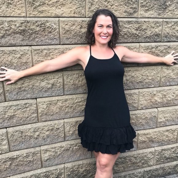 Black Double Ruffle Dress Extender Slip Convertible Strap Tiered Layered Slip - Picture 6 of 8